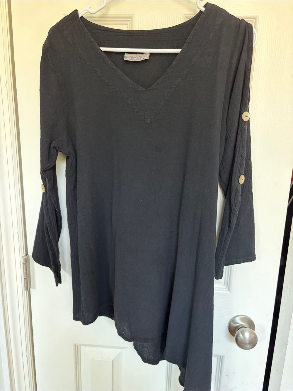 V-Neck Black Women’s Tunic Top with Button-Tab Sleeves